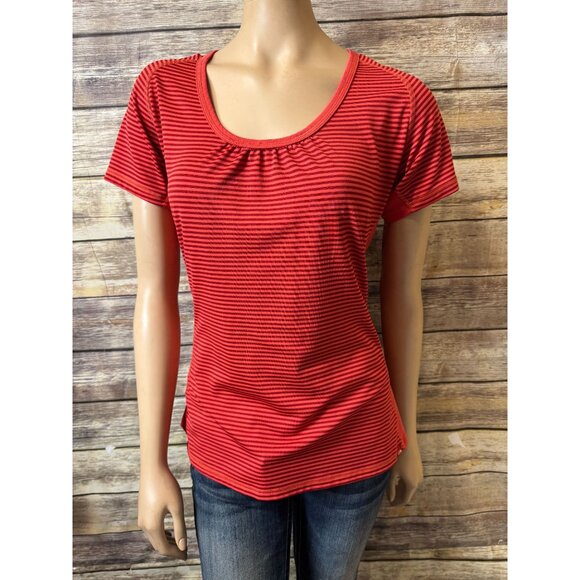 The North Face Vapor Wick Red Striped Short Sleeve Scoop Neck Top L Large Fitnes - Picture 1 of 4